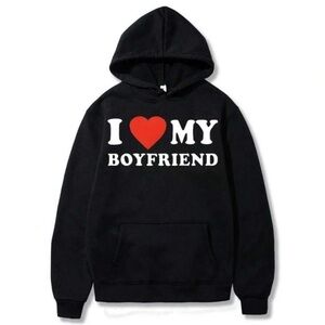I Love My Boyfriend Black Hoodie with Red Heart and White Text size M